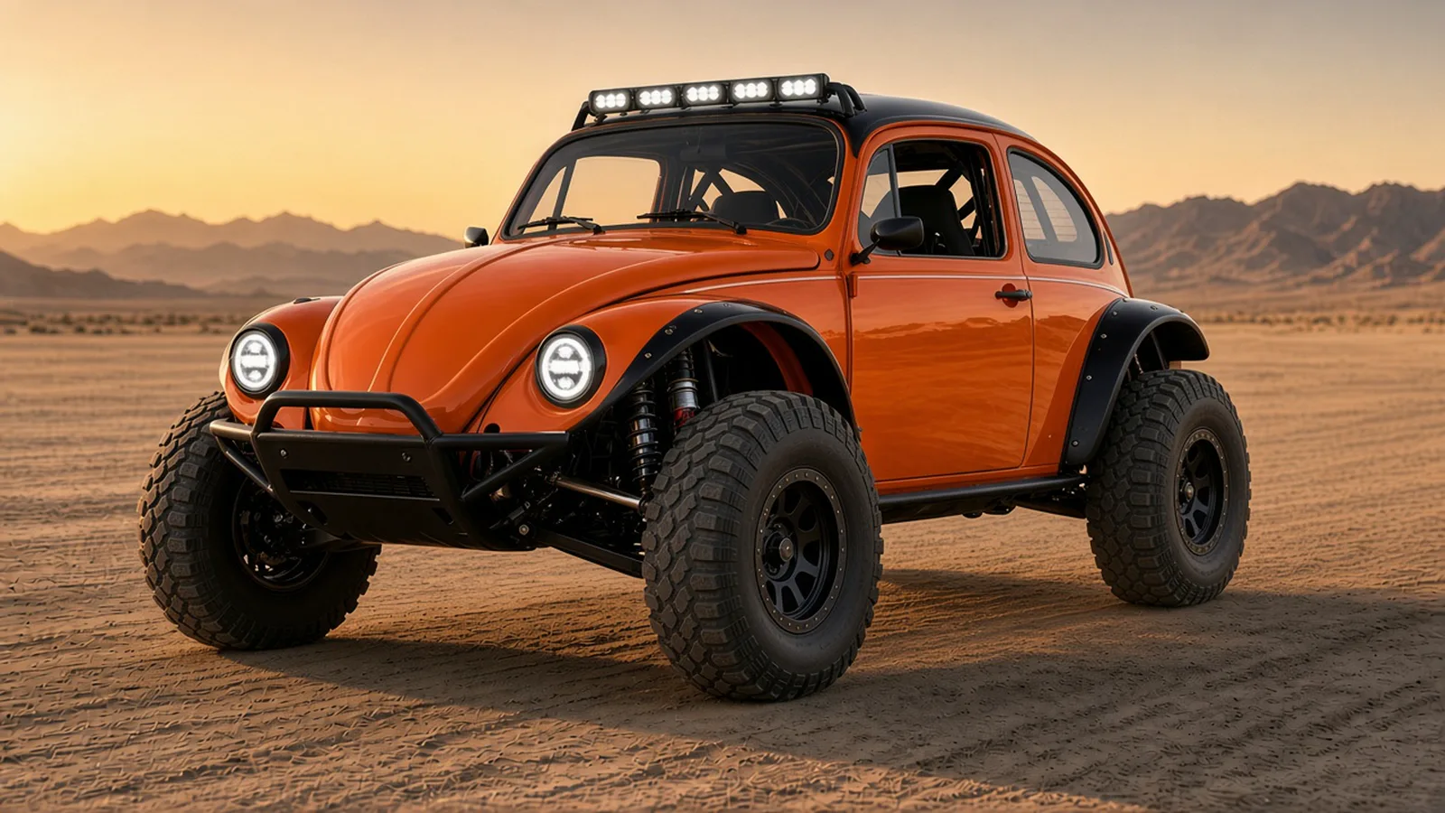 Concept render of the DXR E-Baja Ultra, a closed-cab Baja Bug in orange with a black roof, flares and bumper, on white-lettered 35 inch tires