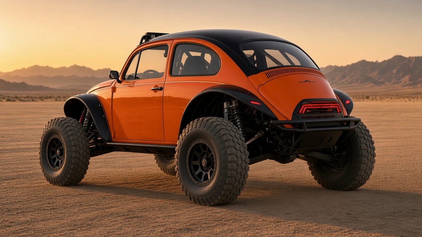 Concept render of the DXR E-Baja Ultra from the rear three-quarter view, orange body with black roof, exposed rear suspension and tube bumper in the desert