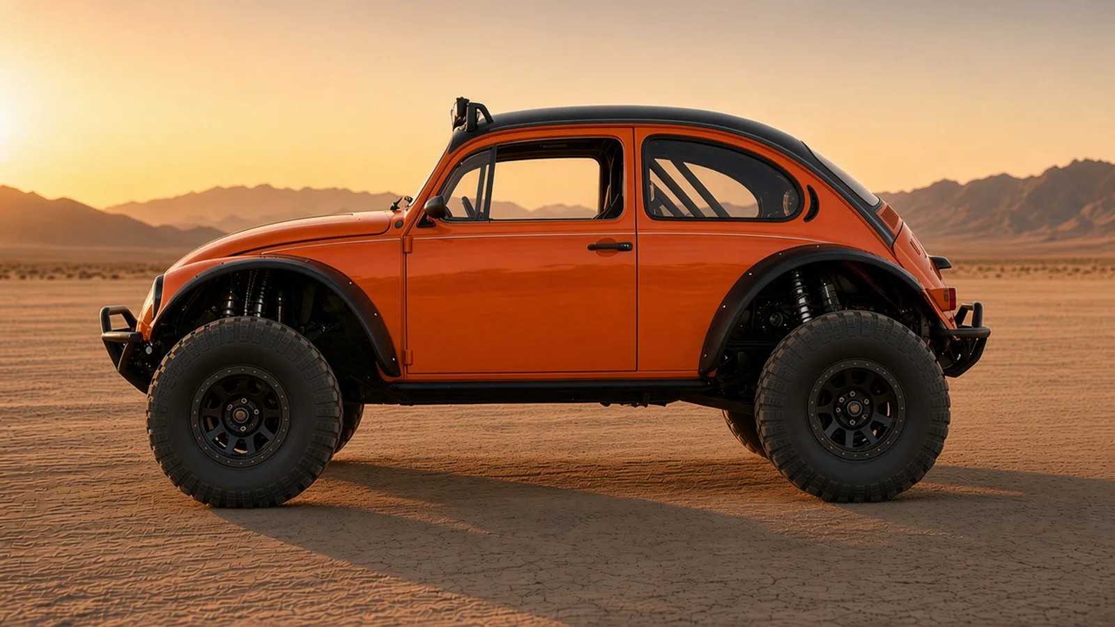 Concept render of the DXR E-Baja Ultra from the side, orange with a black roof and flares, long-travel suspension and 35 inch tires on black beadlock wheels, on a desert lakebed at sunset